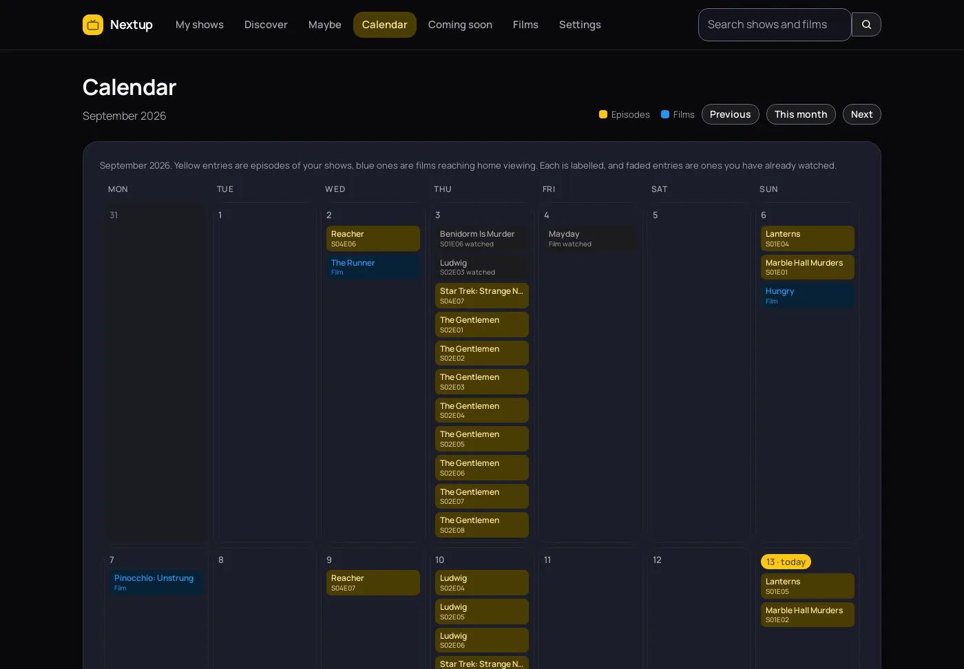 A month calendar in Nextup with episodes marked in yellow and films in blue on the days they arrive.