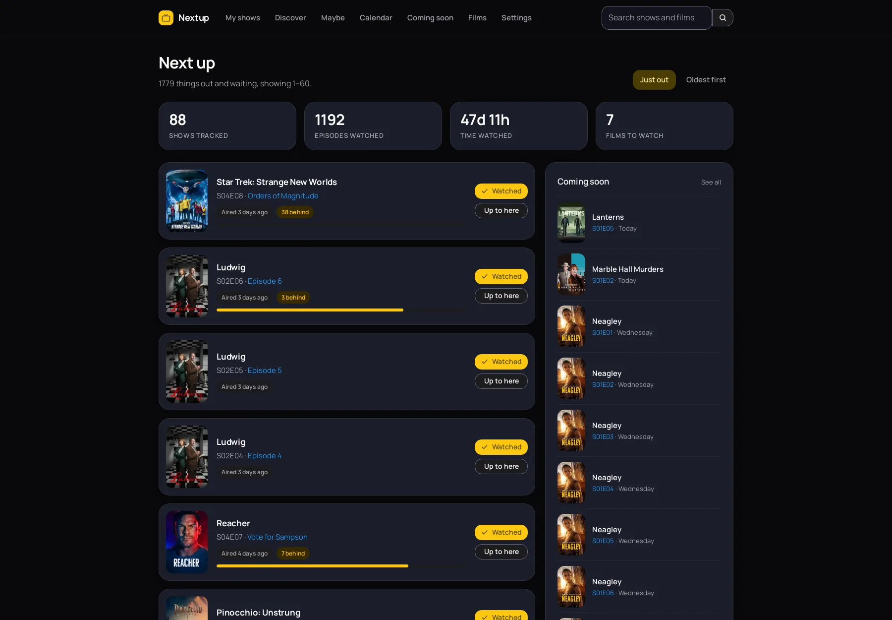 The Nextup dashboard. A list of everything waiting, newest first, each line naming the episode or film and the day it came out, with how far behind you are, a progress bar and a Watched button. A panel beside it lists episodes airing in the next few days.