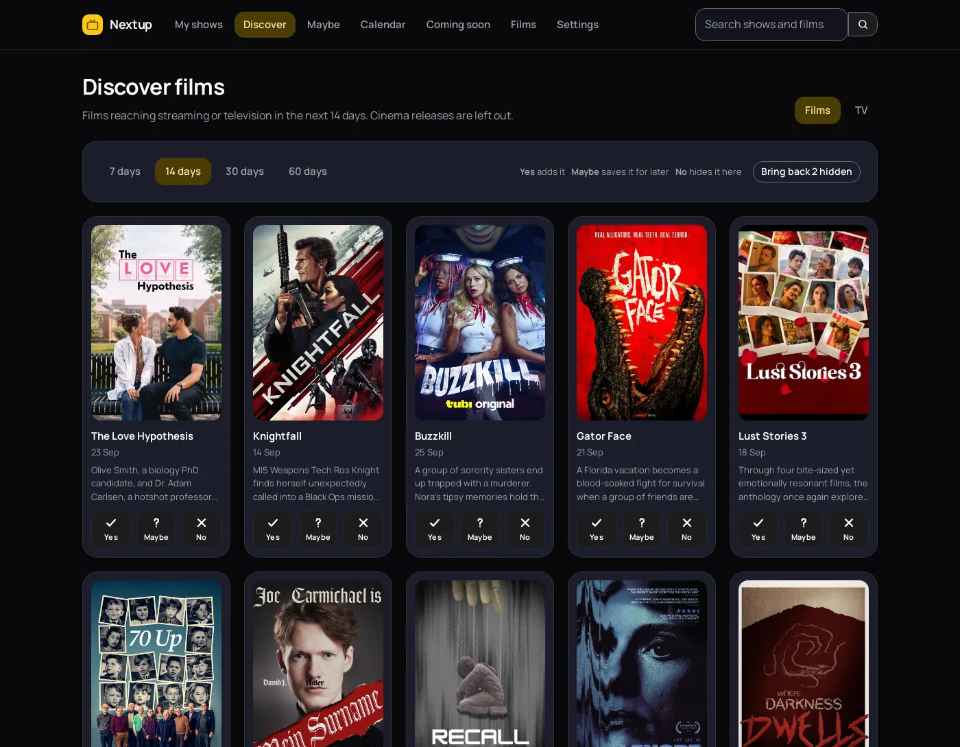 The Discover page in Nextup, a grid of film covers each with a tick, a question mark and a cross underneath.