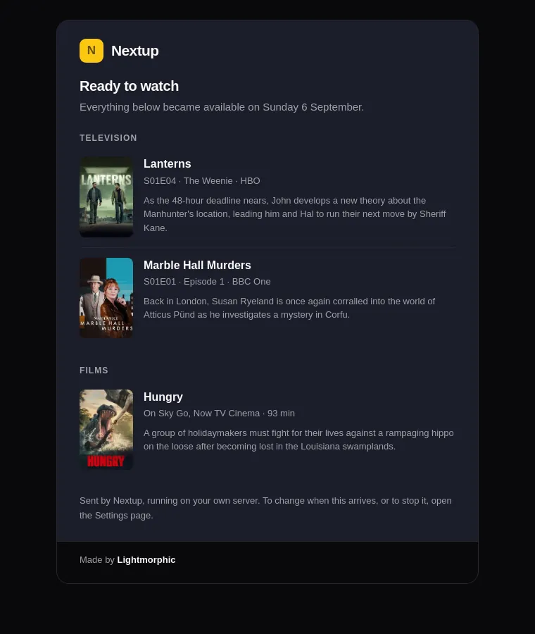 The Nextup morning email, headed Ready to watch, listing two television episodes and a film, each with its cover, the channel or service it is on and a short description.