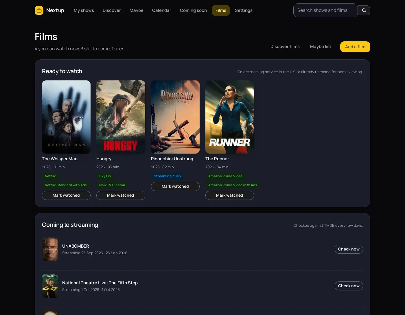 The Films page in Nextup, split into Ready to watch with service names under each cover, and Coming to streaming listing films with the date they arrive.