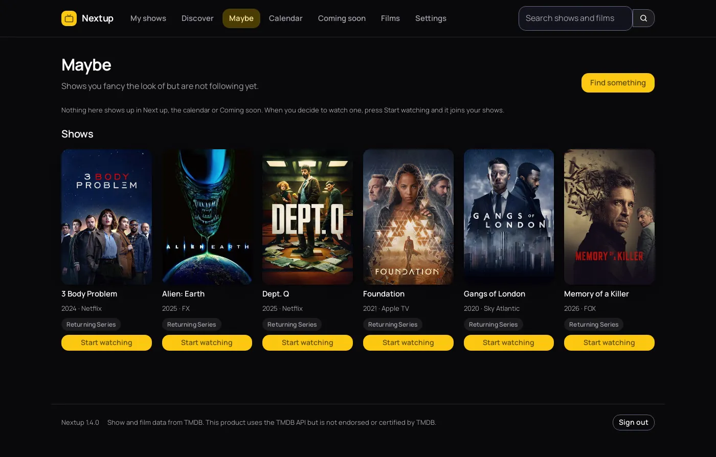 The Maybe page in Nextup, a grid of covers for shows not currently being followed, each with a Start watching button.
