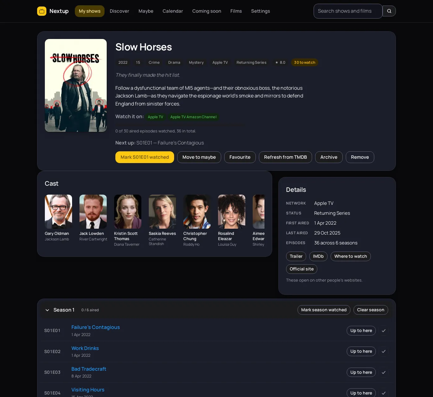 The Slow Horses page in Nextup, showing the poster, the cast, a details panel with network and episode count, and the first season's episodes listed with a tick beside each.